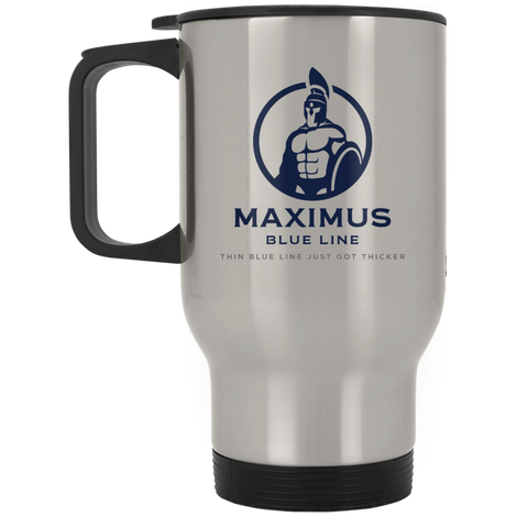The Maximus Blue Line logo travel mug